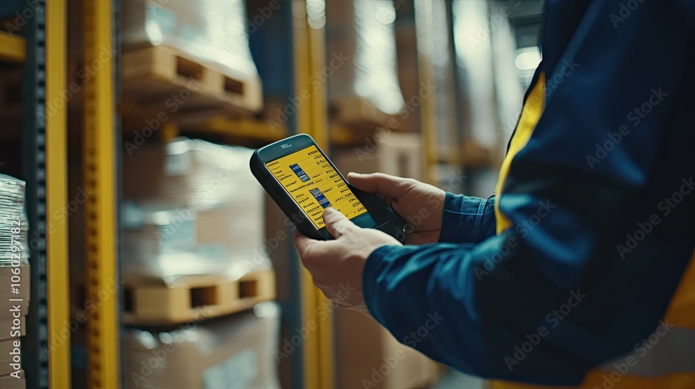 Worker Using Mobile Device in Warehouse Environment Worker Using Mobile Device in Warehouse Environment