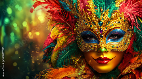 festive carnival masks with feathers and gems, space for text