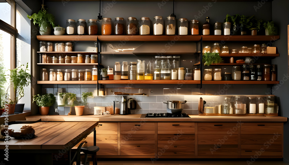 Picture a café with an open kitchen, showcasing wooden shelves filled with jars of ingredien Picture a café with an open kitchen, showcasing wooden shelves filled with jars of ingredien