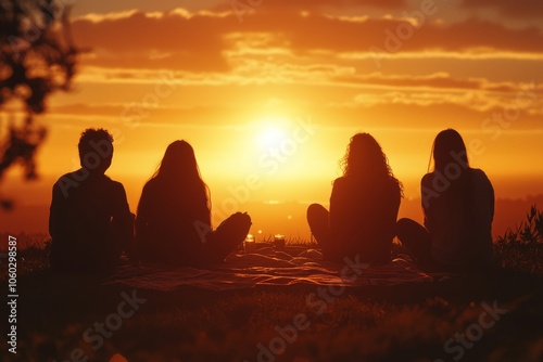 Silhouettes of four friends enjoying a sunset