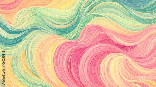 Colorful hair-like background, with pastel rainbow colors, soft and gentle curves, flowing lines, in a hand-drawn watercolor style