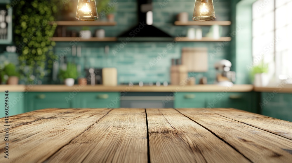 A close-up of a rustic wooden table top in the foreground, with a blurred background of a contemporary kitchen. The kitchen features green cabinetry, exposed brick walls, and hanging pendant lights. A close-up of a rustic wooden table top in the foreground, with a blurred background of a contemporary kitchen. The kitchen features green cabinetry, exposed brick walls, and hanging pendant lights.