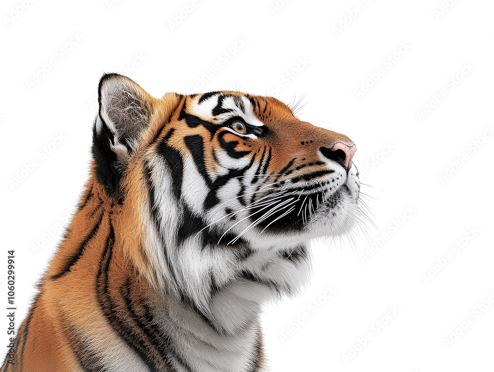 Obraz premium Close-up profile of a majestic tiger, showcasing its strength and beauty. Represents wildlife, power, and natural elegance in animal-themed visuals.