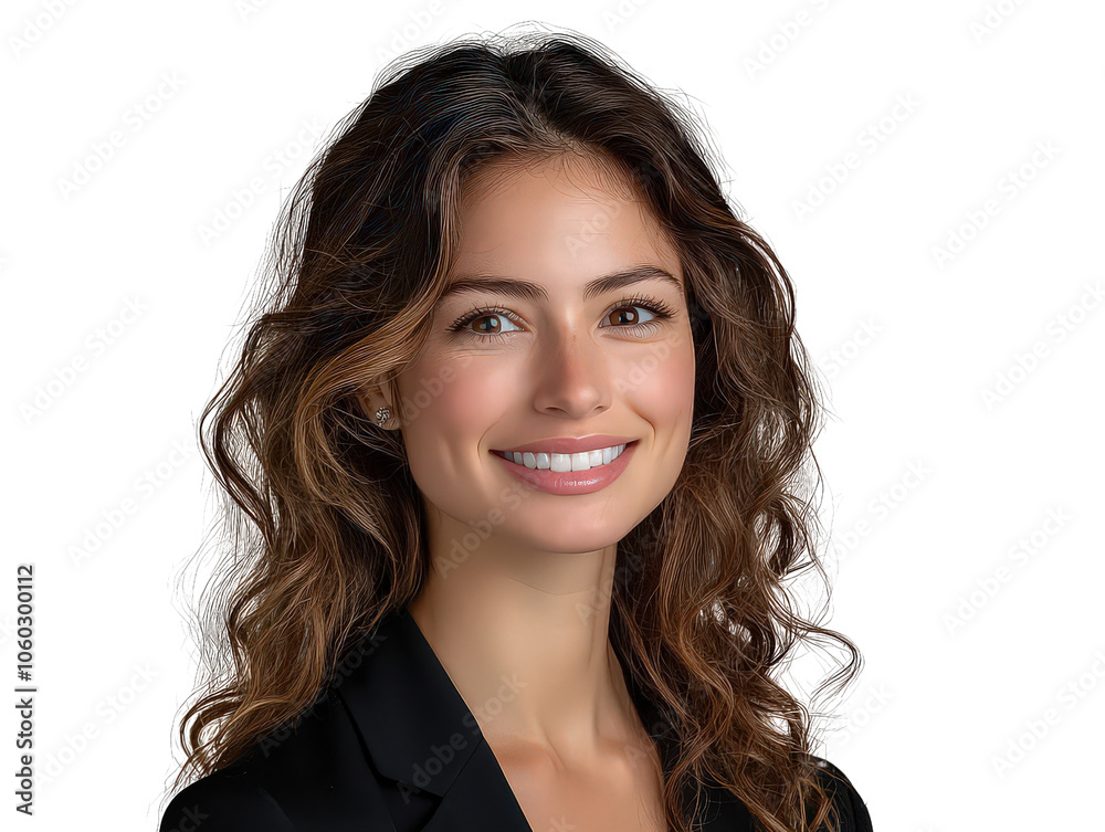 Smiling woman with curly hair in business attire, conveying professionalism, confidence, and positivity. Suitable for themes on career, corporate, or lifestyle. Smiling woman with curly hair in business attire, conveying professionalism, confidence, and positivity. Suitable for themes on career, corporate, or lifestyle.