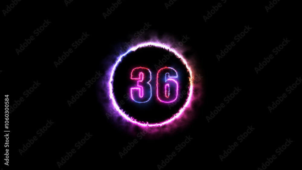 Glowing neon number 36 fire color with black background. Fiery style. Glowing neon number 36 fire color with black background. Fiery style.