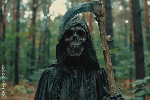 Scary grim reaper with sharp scythe in hell with dramatic background