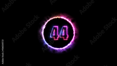 Glowing neon number 44 fire color with black background. Fiery style.