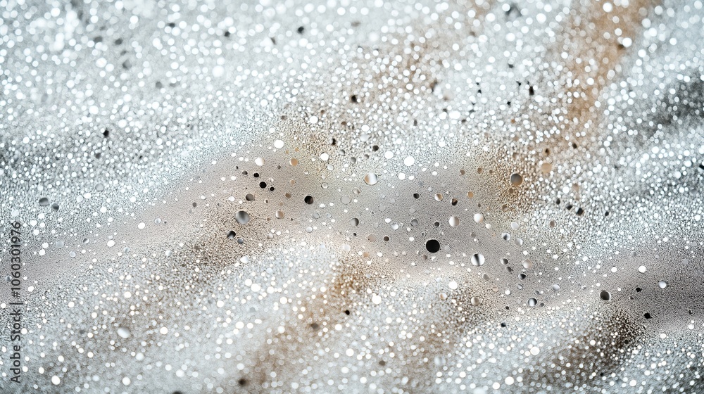 Close-up of a textured surface covered with numerous tiny water droplets, creating a sparkling bokeh effect in various shades of gray and brown tones.