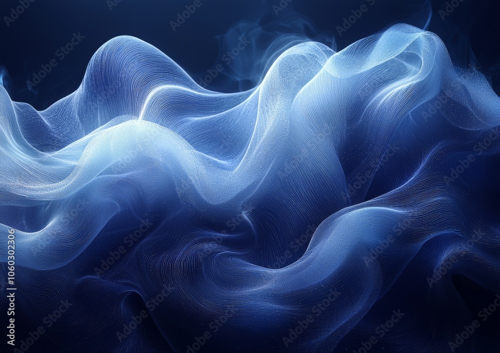 A flowing abstract composition of translucent blue fabric-like waves. A flowing abstract composition of translucent blue fabric-like waves.