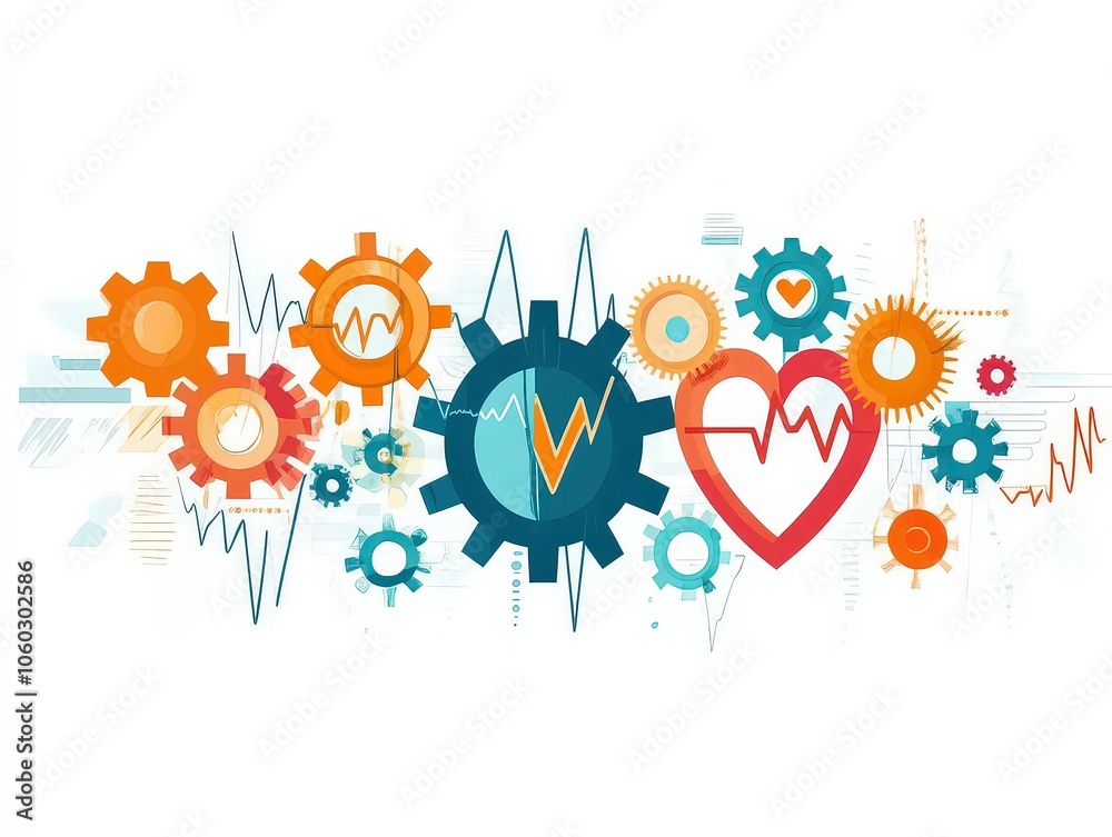 Fototapeta premium Colorful illustration of gears and heart symbols interconnected with heartbeat lines, representing the synergy of health technology, medical innovation, and biomedical engineering.