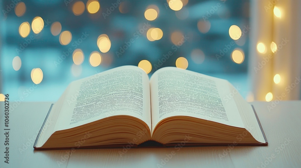 A close-up view of a blurred textbook page showcasing intricate text beneath warm holiday lights in a serene atmosphere A close-up view of a blurred textbook page showcasing intricate text beneath warm holiday lights in a serene atmosphere