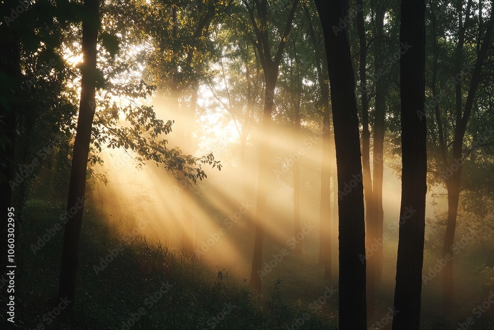 Obraz premium Sunlight Filters Through Trees in a Misty Forest During Early Morning, Illuminating the Tranquil Surroundings With Soft Rays