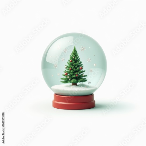 Snow globe with a Christmas tree, snowflakes, and a red base on a white background. Generative, AI.