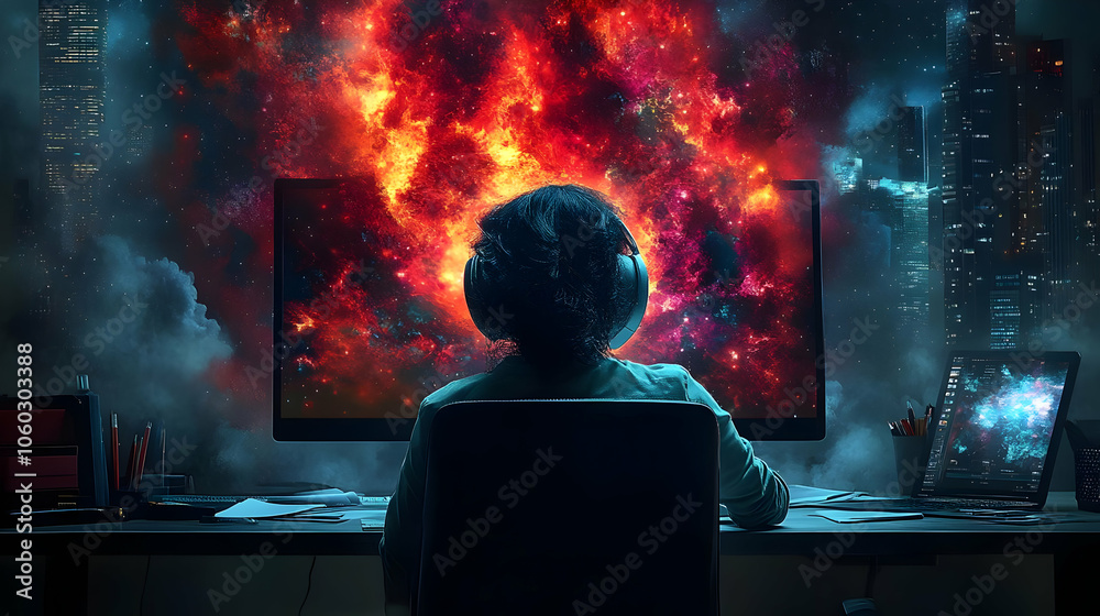 Obraz premium Digital Art - A Person Looking at a Nebula on a Computer Screen