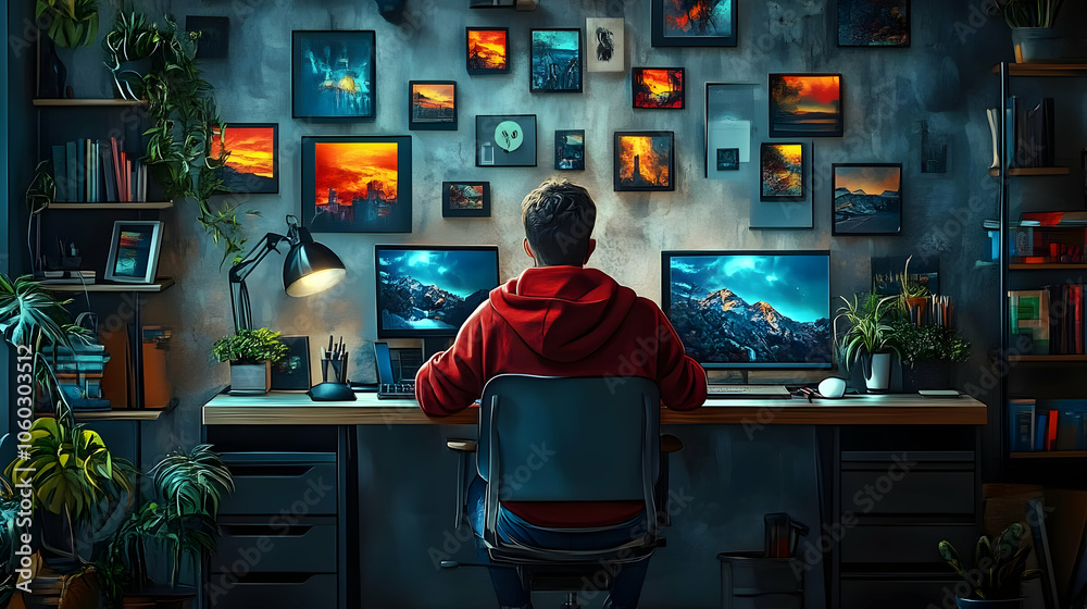 Man Working at Home Office Illustration