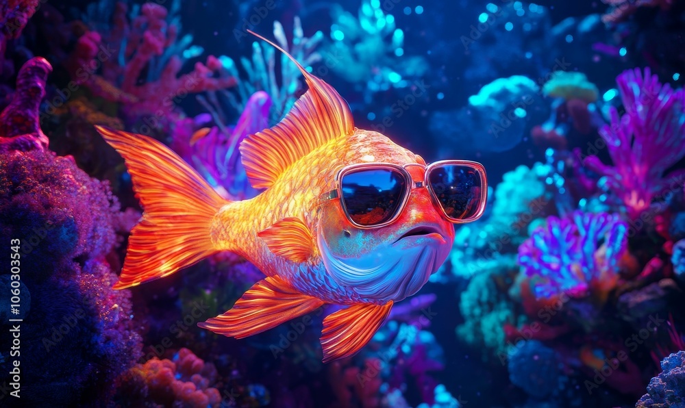 Obraz premium A goldfish with sunglasses in a coral reef.