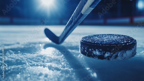 A close-up of a hockey stick and puck on the ice, highlighting the sport's action. photo