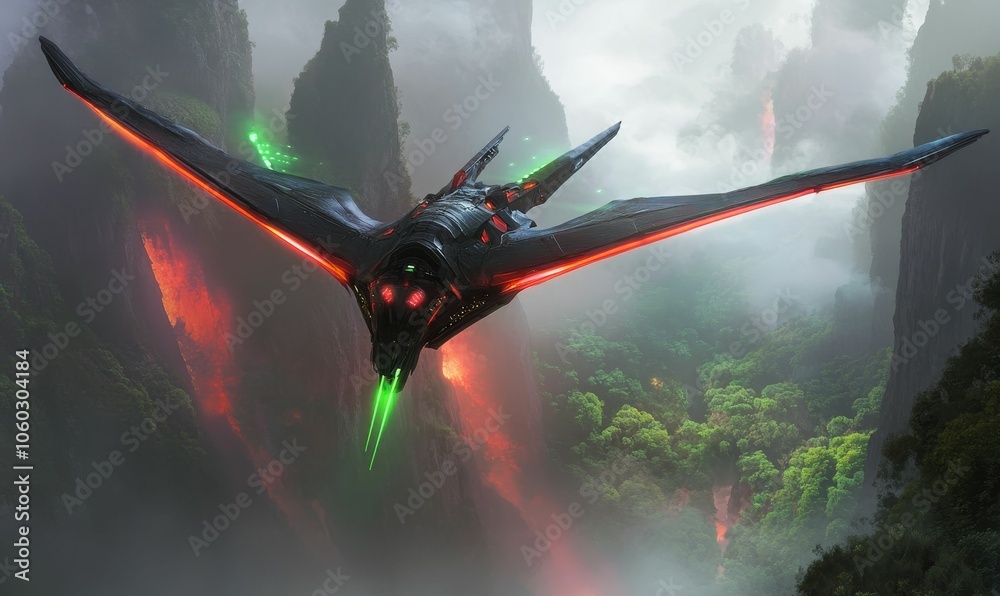 Fototapeta premium Alien spaceship flying through foggy canyon.