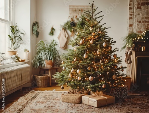  Simple Christmas tree with minimal ornaments and a single light string in a cozy studio, creating a minimalist, festive ambiance.