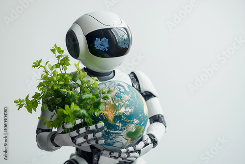 An AI robot holding a globe with green plants on it. Concept photo for eco friendly between robots and the earth symbolizing nature's connection to these technological. photo