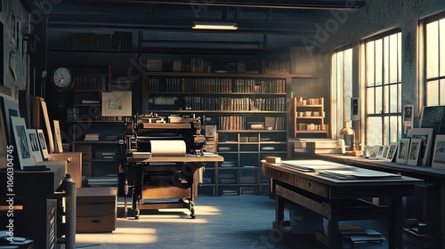 Explore the Charm of Classic Printmaking: A Stunning Poster of an Atmospheric Studio Bathed in Soft Daylight – Perfect for Creative Spaces and Artistic Interiors!