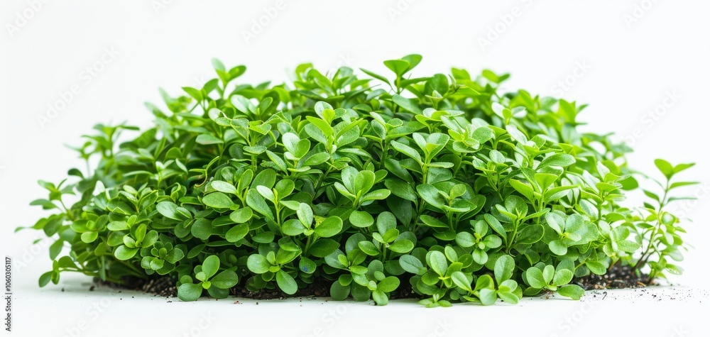 Fototapeta premium A lush green shrub with dense foliage, captured against a white isolated background, perfect for nature-themed designs.