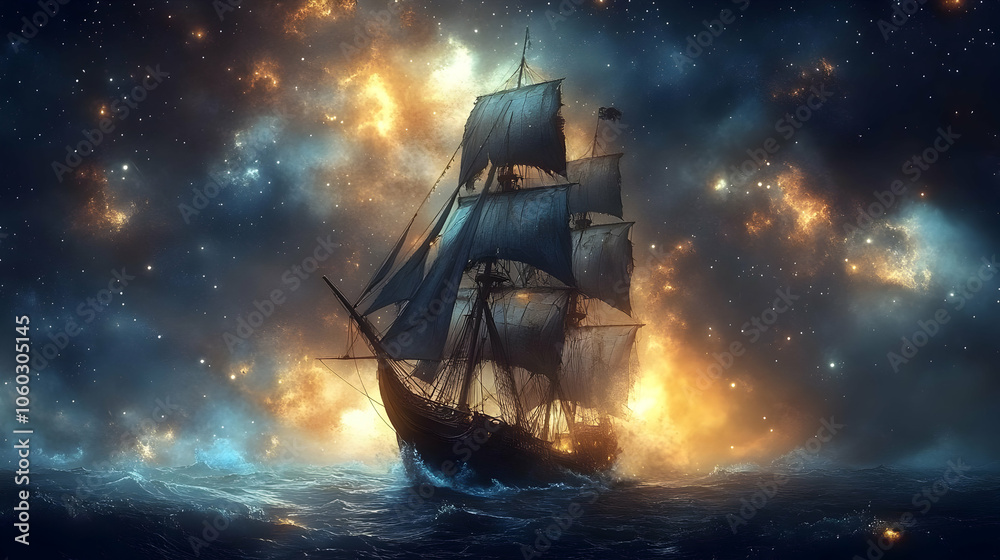 Fototapeta premium Sailing Through the Cosmic Sea - Illustration