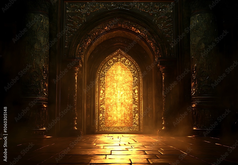 Fototapeta premium A grand, ornate golden door leads to an ethereal realm with soft lighting and intricate patterns. The room is dark, yet filled with light from the open gate