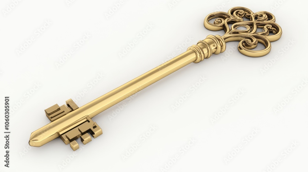 High-resolution 3D render of a polished brass key with elaborate details, lying flat against a clean white background High-resolution 3D render of a polished brass key with elaborate details, lying flat against a clean white background