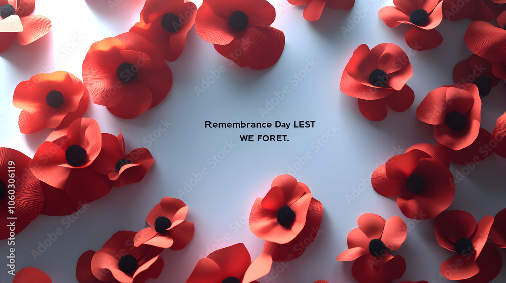 Remembrance day Lest we forget poster. Poppy flowers on white ...