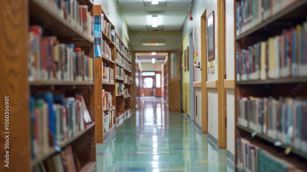 A cozy hallway lined with bookshelves and filled with natural light leading to various classrooms. A cozy hallway lined with bookshelves and filled with natural light leading to various classrooms.