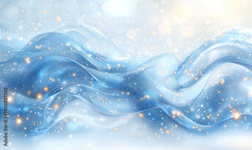 A flowing abstract design with soft blue waves and shimmering particles, evoking tranquility.