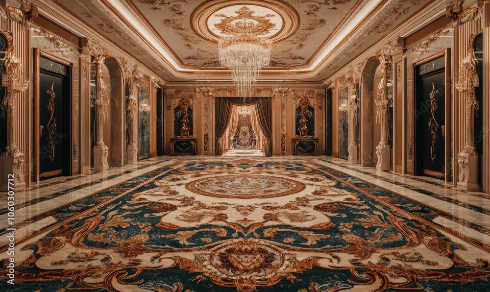 Obraz premium Ornate hallway with marble floors and patterned carpet.