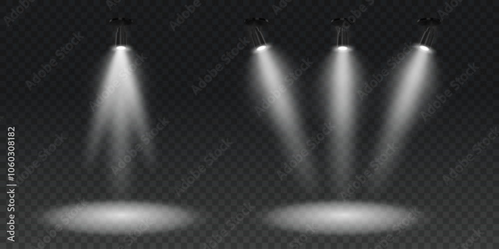 Obraz premium Bright spotlights on png background. Scene illumination vector set. Stage and studio light with realistic hanging lamps.