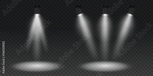 Bright spotlights on png background. Scene illumination vector set. Stage and studio light with realistic hanging lamps.
