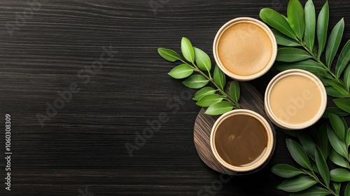 Three cups of coffee displayed on a dark wooden surface with fresh green leaves arranged aesthetically around them, creating a natural and inviting presentation. photo