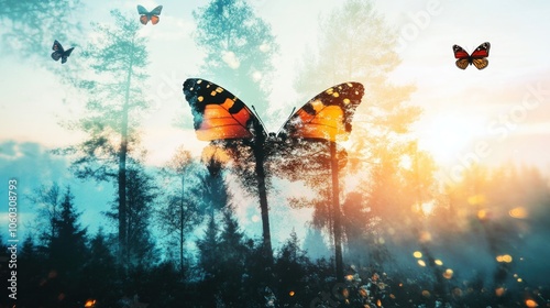 A double exposure image of butterflies flying over a misty forest at sunrise, creating a surreal and ethereal atmosphere.