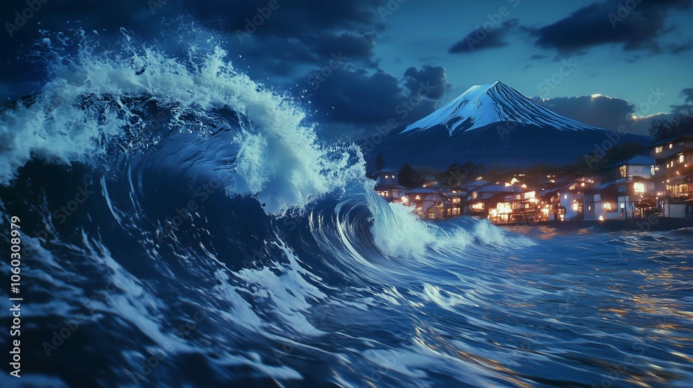 Fototapeta premium Serenity abounds in this majestic Japanese wave background featuring soothing turquoise waters and majestic Mount Fuji's snow-capped silhouette. 