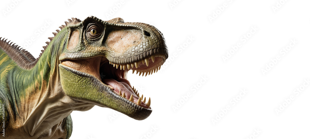 Fototapeta premium Realistic 3D T. rex headshot, mouth open, isolated background
