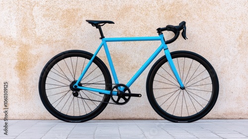 Vintage blue bicycle gracefully leans against an aged wall in a charming Italian city street, showcasing its elegant retro design photo