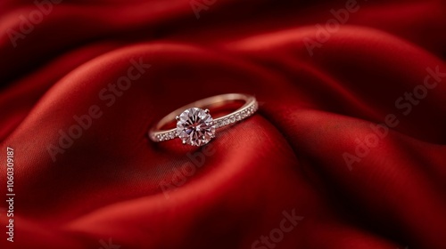 A beautiful diamond ring is elegantly resting on a red cloth