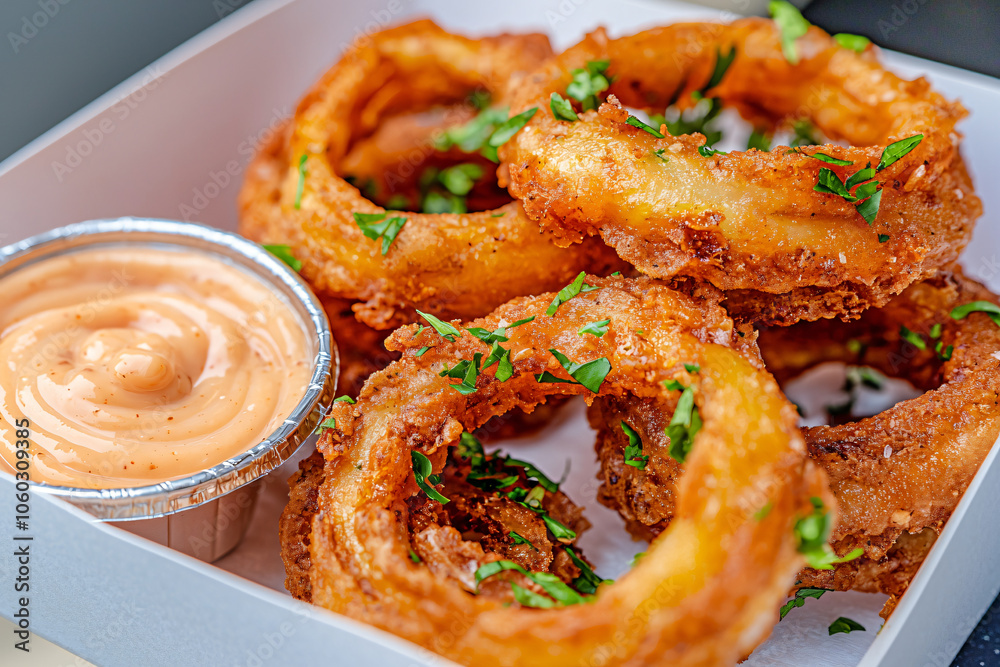 artisanal onion rings with sauce selection, at a food truck artisanal onion rings with sauce selection, at a food truck