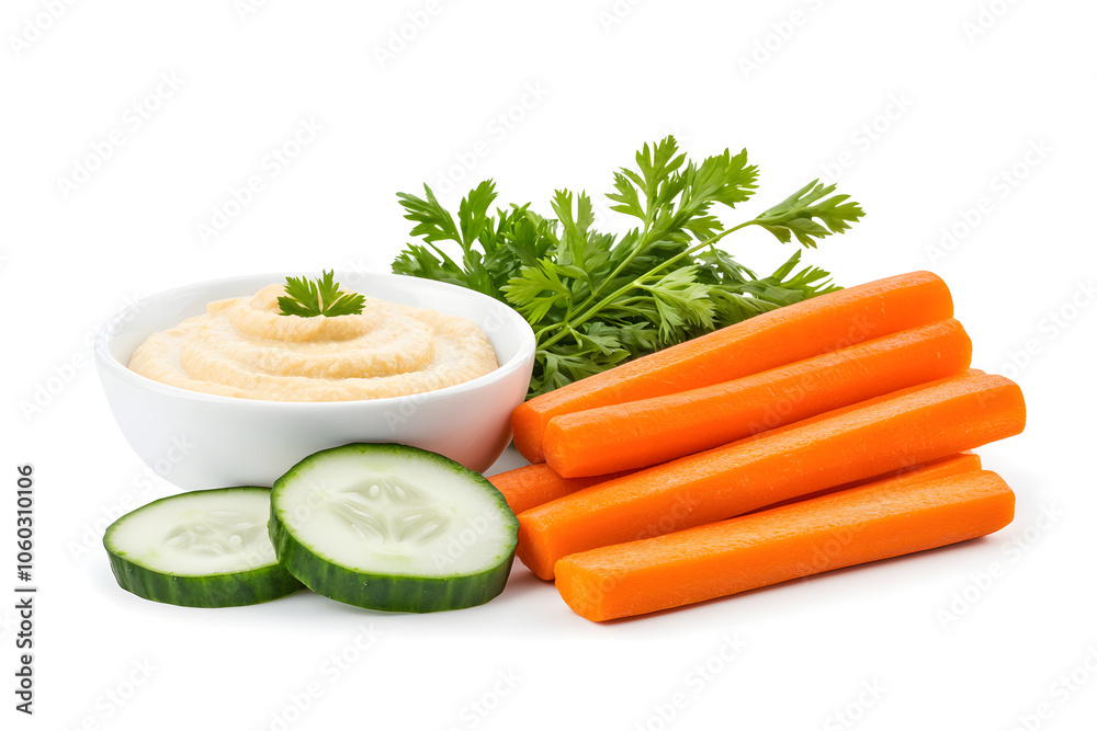 Hummus healthy snack with carrot sticks and sliced cucumbers, isolated on white background