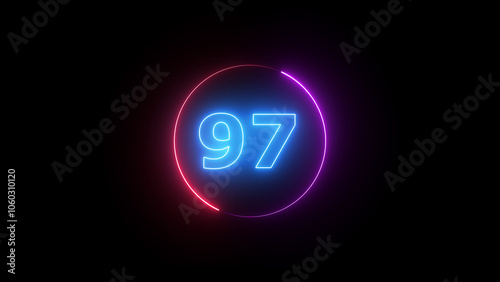 Glowing neon number 97 aqua and blue color with black background.