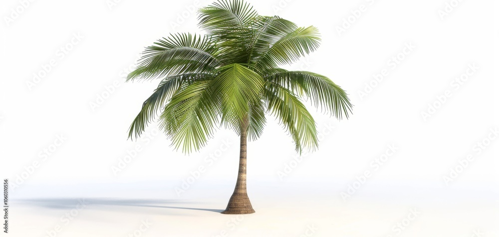 Obraz premium Single palm tree with green fronds against a white isolated background, perfect for tropical themes and nature-related projects.
