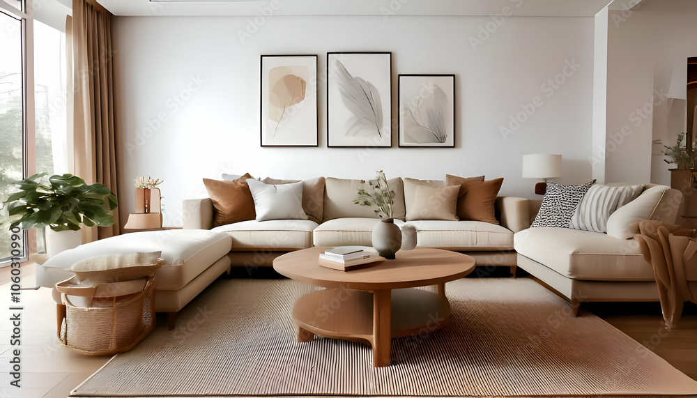 Round wooden coffee table near beige sofas against white wall with posters. Scandinavian sty Round wooden coffee table near beige sofas against white wall with posters. Scandinavian sty