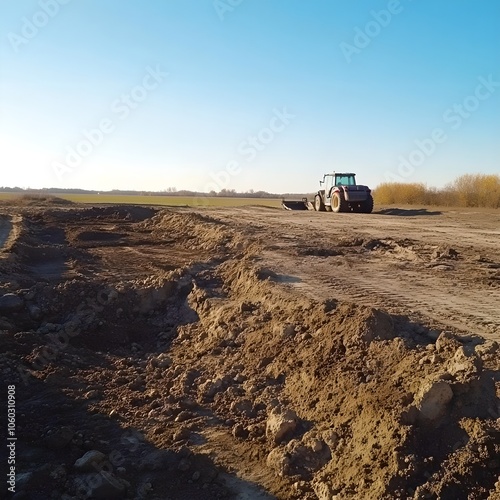 flat surface of the site from the earth for construction close-up. behind the tractor for clearing the territory.