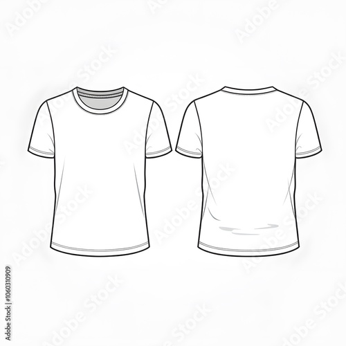 T-shirt Front and Back View Template, Minimalist T-Shirt Outline, Blank T-Shirt Sketch, Basic Apparel Technical Drawing, Simple Shirt Design Layout.
