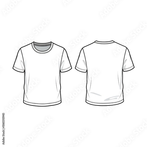 T-shirt Front and Back View Template, Minimalist T-Shirt Outline, Blank T-Shirt Sketch, Basic Apparel Technical Drawing, Simple Shirt Design Layout.