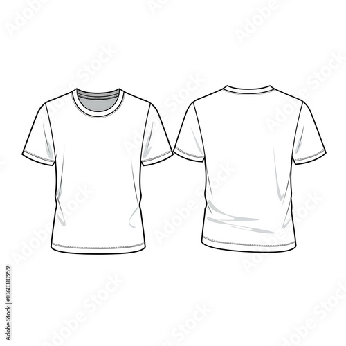 T-shirt Front and Back View Template, Minimalist T-Shirt Outline, Blank T-Shirt Sketch, Basic Apparel Technical Drawing, Simple Shirt Design Layout.